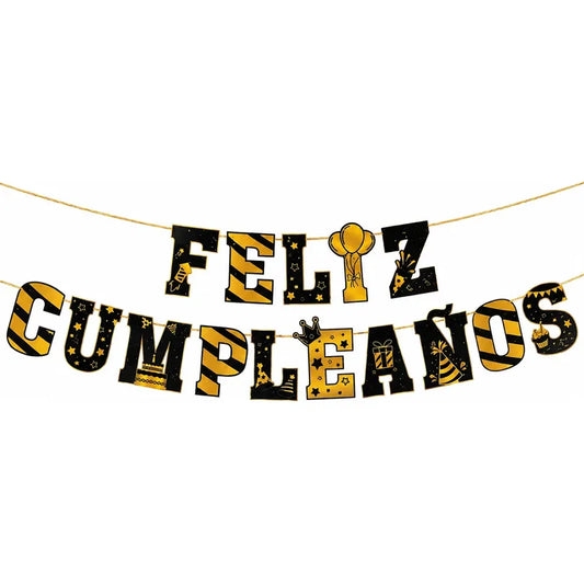 Guirnalda Feliz Cumpleaños Negro Y Dorado Decoración Surtido