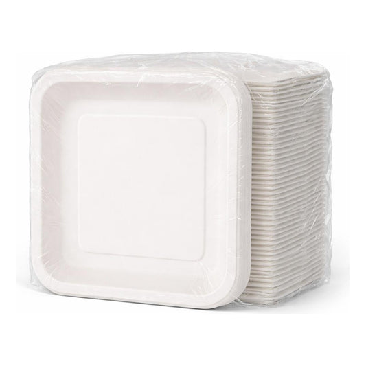50 Platos Cuadrados Cartón Biodegradables 22 Cm Tortas Blanco