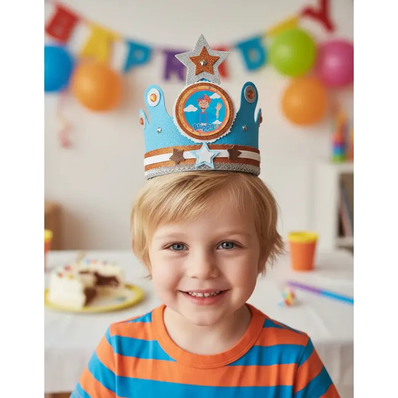 Corona De Cumpleaños Blippi Con Glitter Infantil Celeste