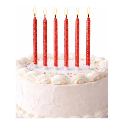 6 Unidades Velas De Cumpleaños Largas Rojo Con Glitter 12cm