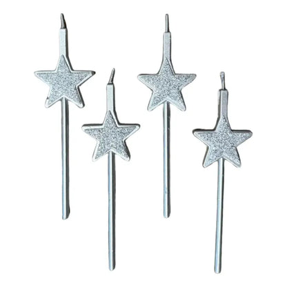 Set 4 Velas De Cumpleaños Estrellas Plateadas Glitter