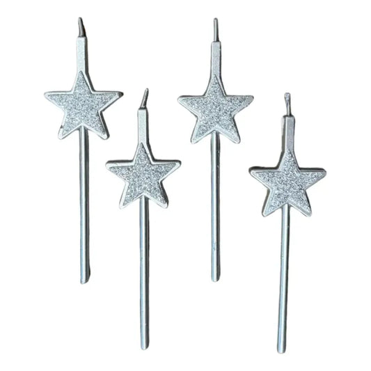 Set 4 Velas De Cumpleaños Estrellas Plateadas Glitter