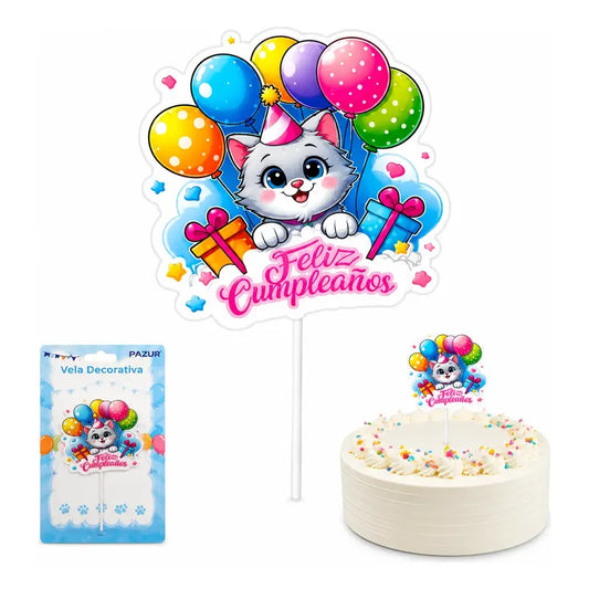 Vela Decorativa Para Torta Feliz Cumpleaños Gatito