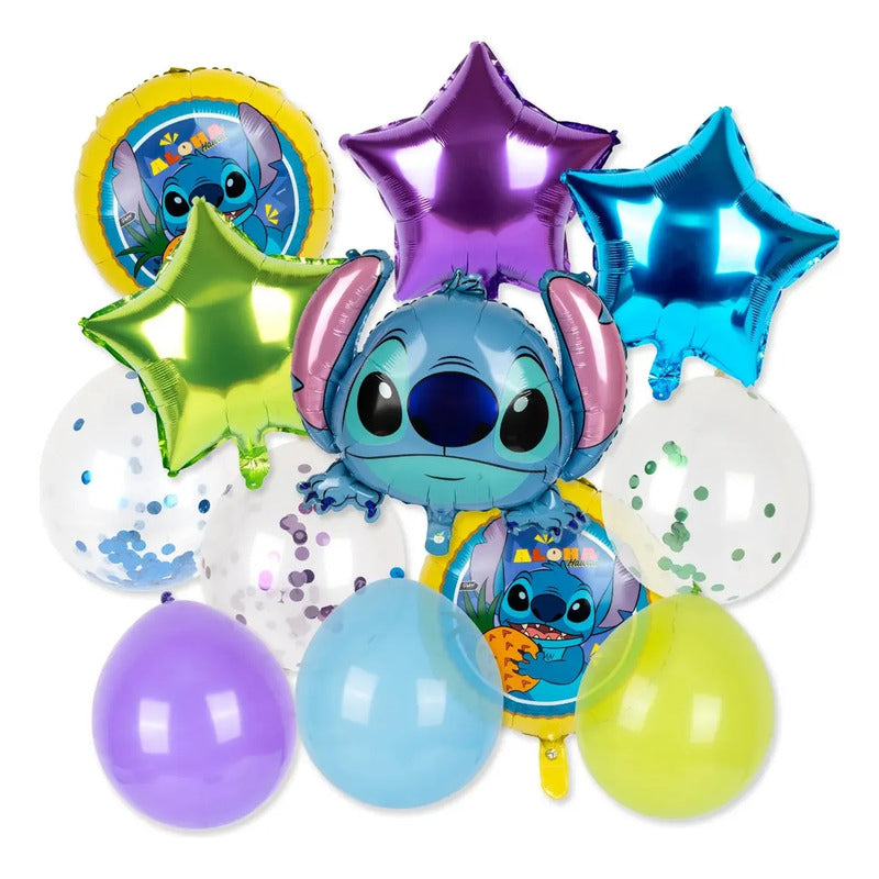Set Kit Globos Metálicos Stitch Cumpleaños Fiesta 12 Piezas Celeste