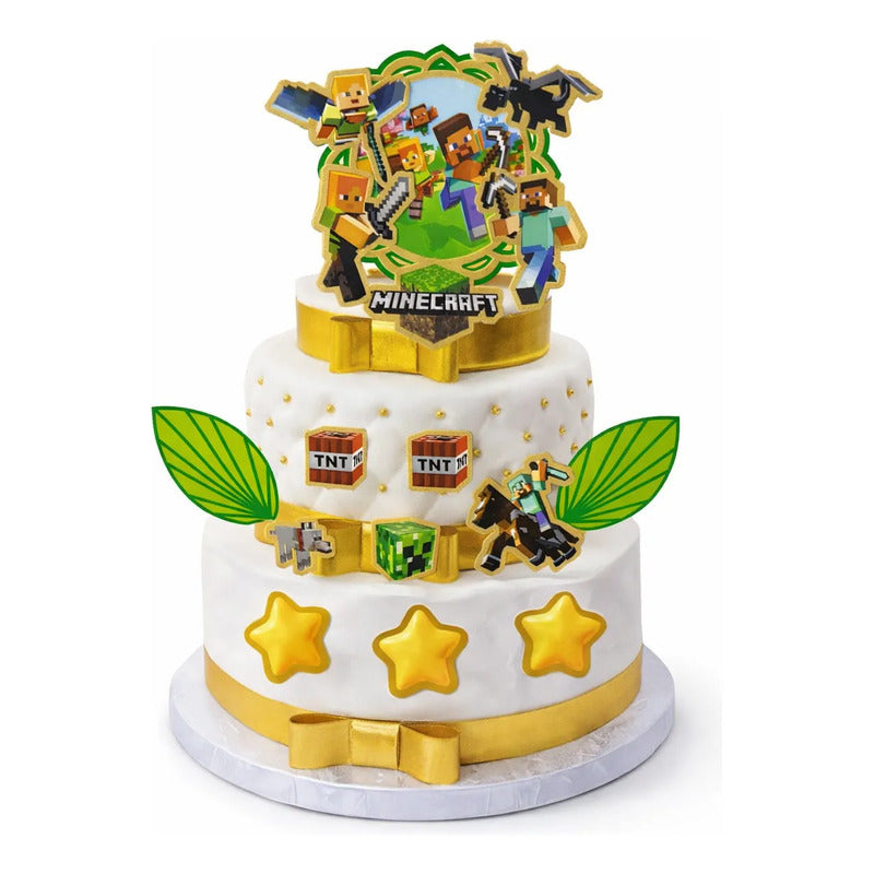 Set Adorno Para Torta Topper Minecraft Decoración Cumpleaños Verde