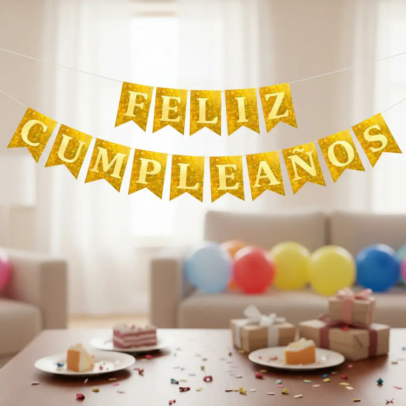 Guirnalda Banderín Feliz Cumpleaños Dorado Glitter Dorado