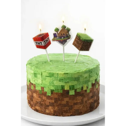 Set De 3 Velas Para Torta Party! De Minecraft Con Bloques Y Casa