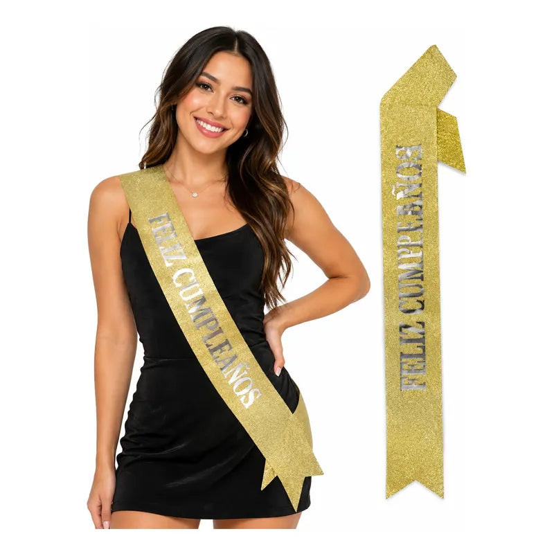 Banda Feliz Cumpleaños Con Glitter Para Fiesta Dorado