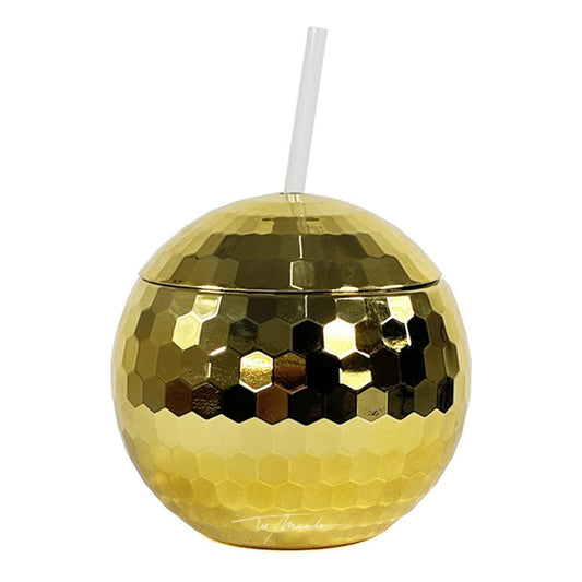 Vaso Copa Dorado Bola Disco Con Tapa Y Bombilla Para Fiestas Dorado