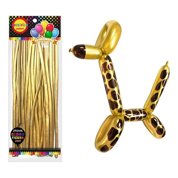 25 Globos Largos Metalizados Para  Globoflexia Cotillón Dorado