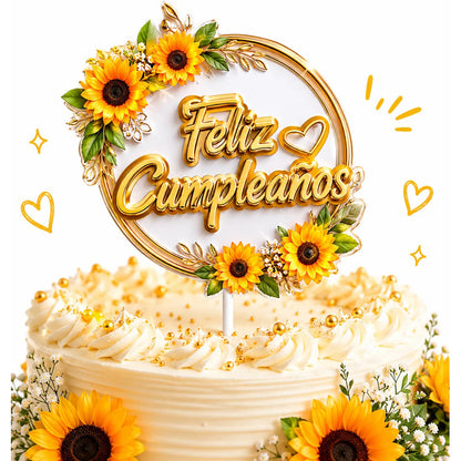 Vela Para Torta Feliz Cumpleaños Girasoles Dorado Adorno Dorado