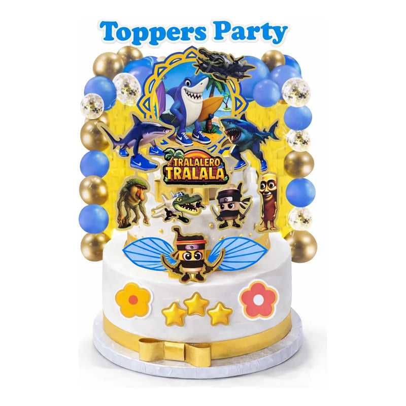 Set Toppers Decoración Torta Tralalero Cumpleaños Globos Azul