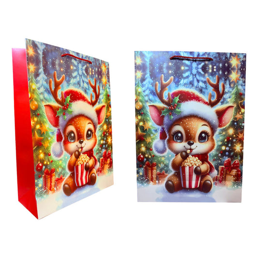 Bolsa De Regalo Navideña Grande Reno Tierno Con Cabritas Rojo