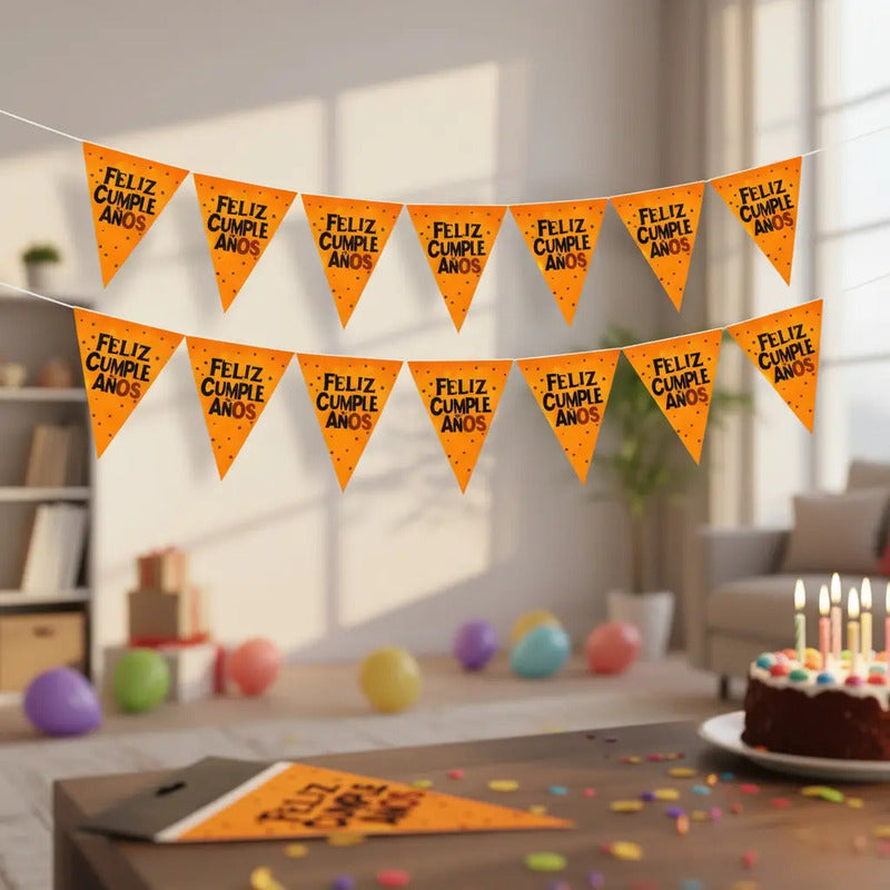 Guirnalda Banderín Feliz Cumpleaños Fluor Fiesta Naranja