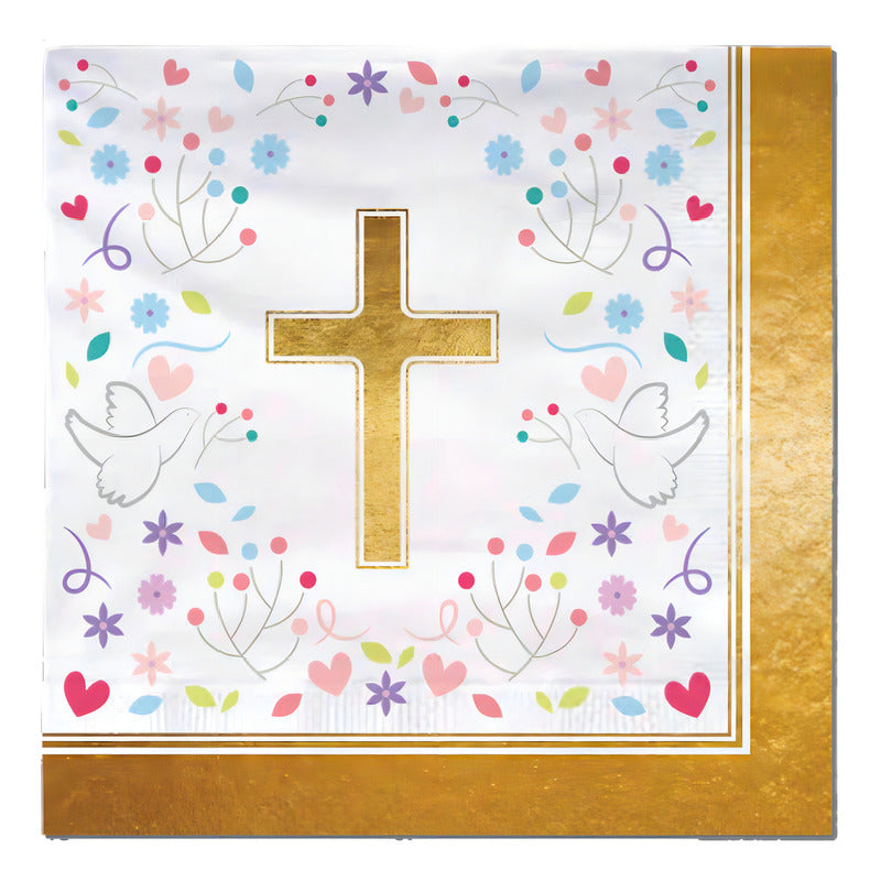 Set 12 Servilletas Religioso Cruz Dorada Primera Comunión Color Blanco