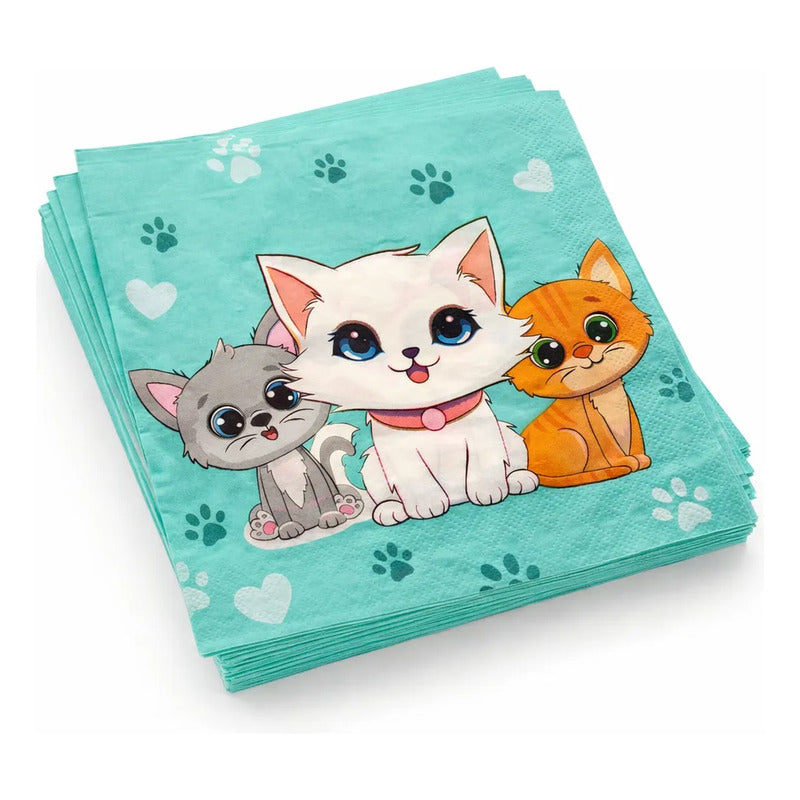 10 Servilletas De Papel Diseño Gatitos Fiesta Cumpleaños Turquesa