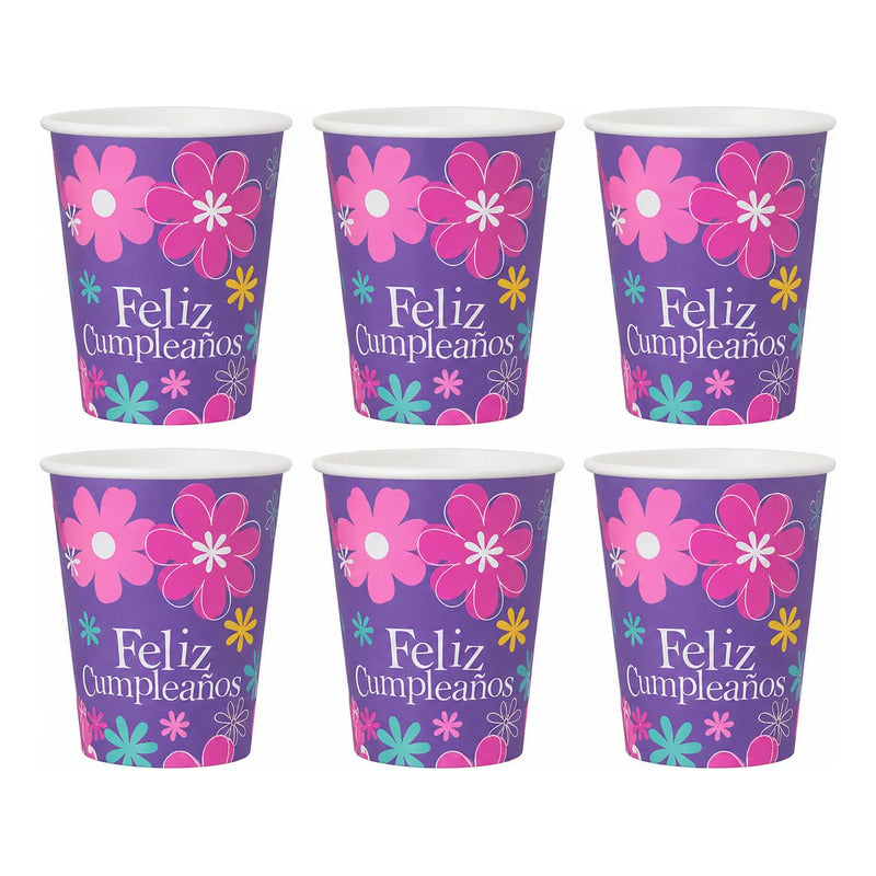 Vasos Papel Feliz Cumpleaños Flores Pack 6 Unidades Violeta
