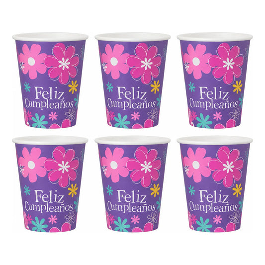 Vasos Papel Feliz Cumpleaños Flores Pack 6 Unidades Violeta