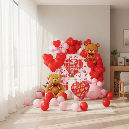Set De Globos San Valentín Decoración Osito 58 Piezas Rojo