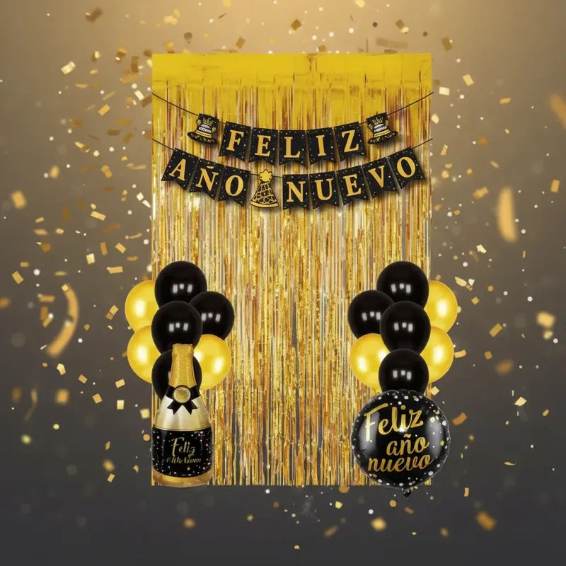Set Decoración Año Nuevo Dorado Y Negro Con Globos