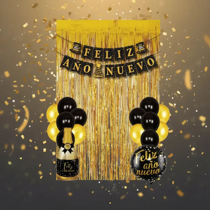 Set Decoración Año Nuevo Dorado Y Negro Con Globos