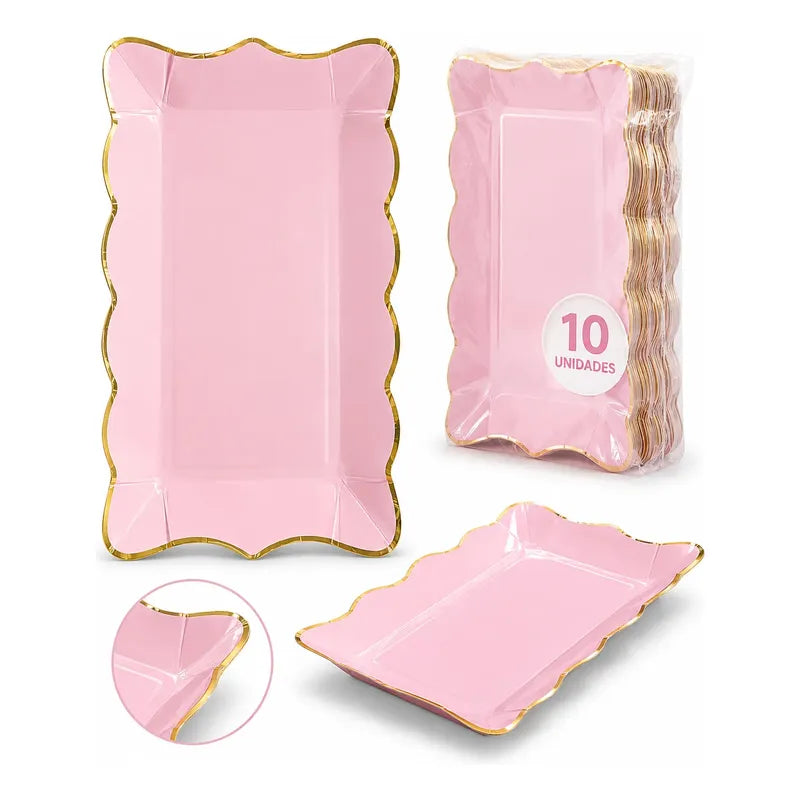 Pack 10 Bandejas Cartón Rectangulares Fiesta Cotillón Rosa