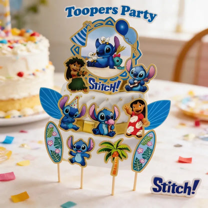 Set Toppers Adorno Torta Stitch Fiesta Cumpleaños Azul