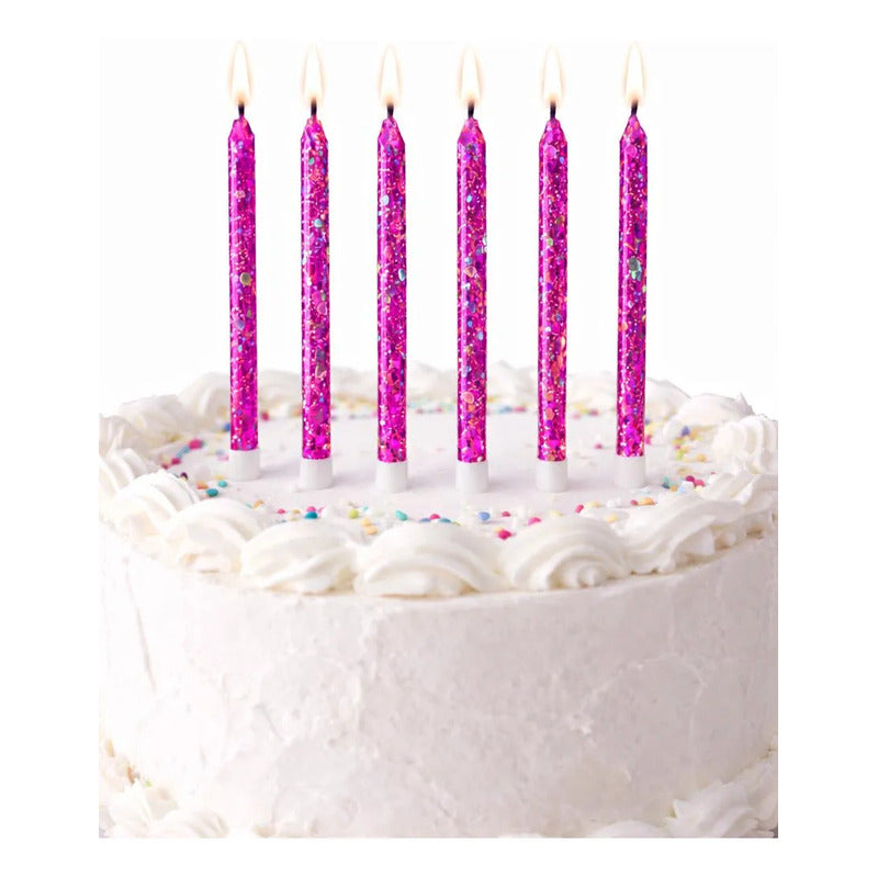 6 Unidades Velas De Cumpleaños Largas Fucsia Con Glitter