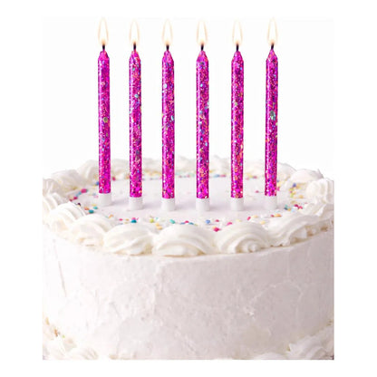 6 Unidades Velas De Cumpleaños Largas Fucsia Con Glitter
