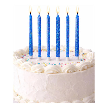 6 Unidades Velas De Cumpleaños Largas Azul Con Glitter 12 Cm
