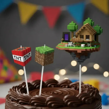 Set De 3 Velas Para Torta Party! De Minecraft Con Bloques Y Casa