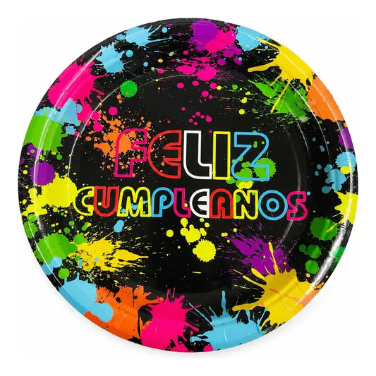 Platos Cartón Feliz Cumpleaños Neón 6 Unidades Negro