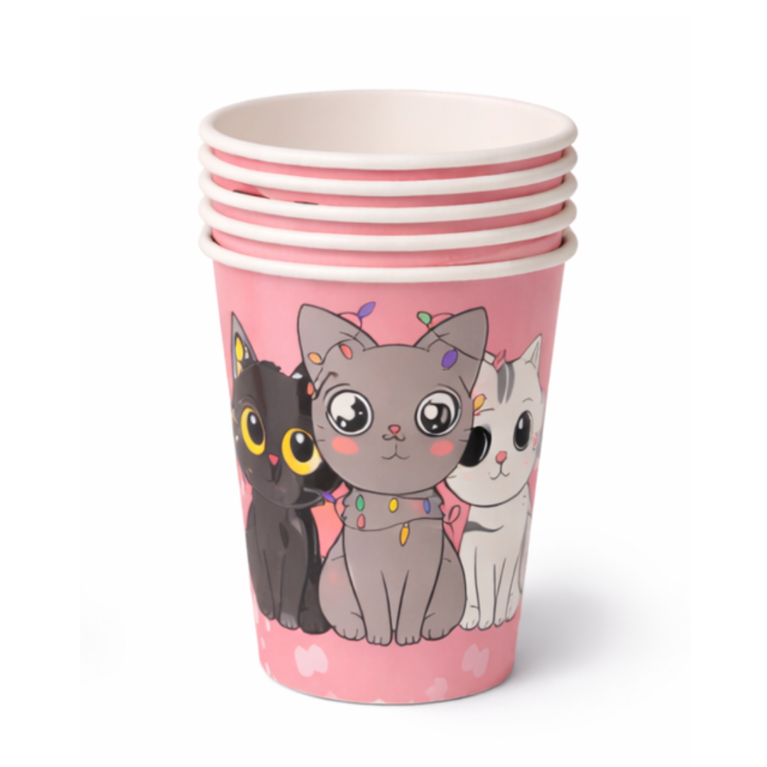 Pack 6 Vasos De Gatitos Kawaii Para Cumpleaños rosa