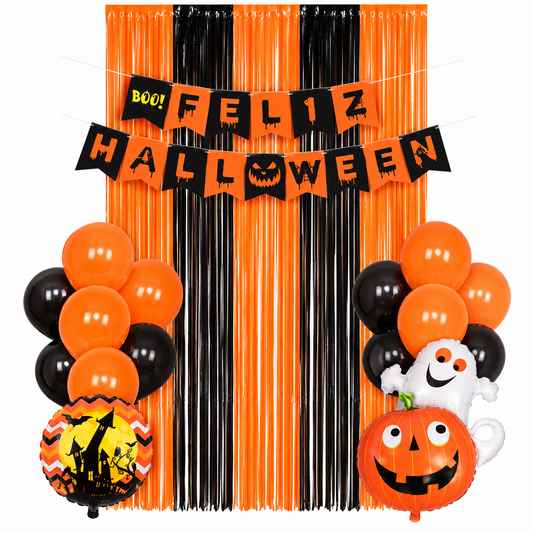 Set Decoración Halloween Cortina Flecos Globos Y Guirnalda
