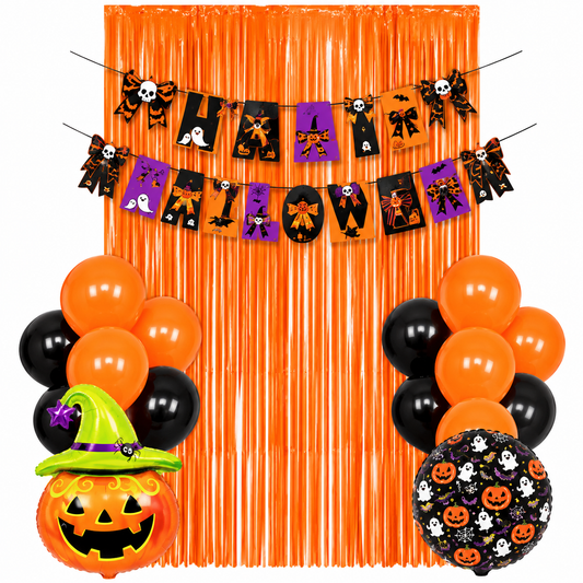 Set Decoración Halloween Cortina Naranja Globos Y Guirnalda