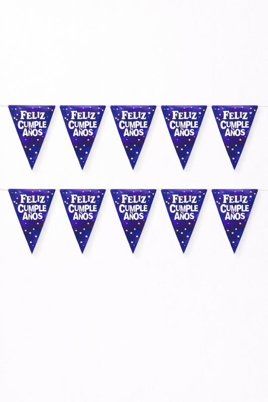 Banderín Feliz cumpleaños triángulos azul