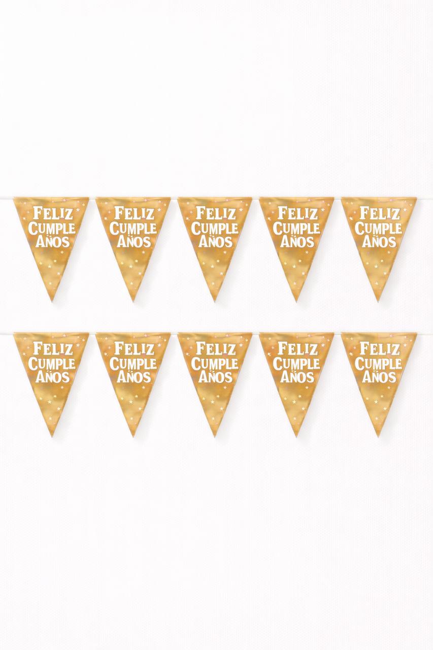 Banderín Feliz cumpleaños triángulos dorado