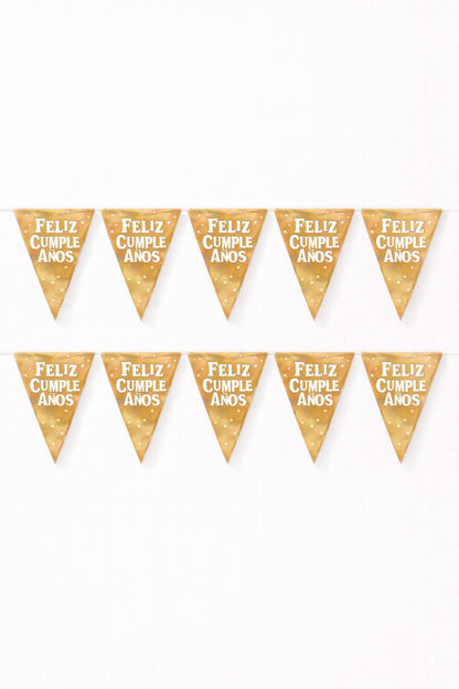 Banderín Feliz cumpleaños triángulos dorado