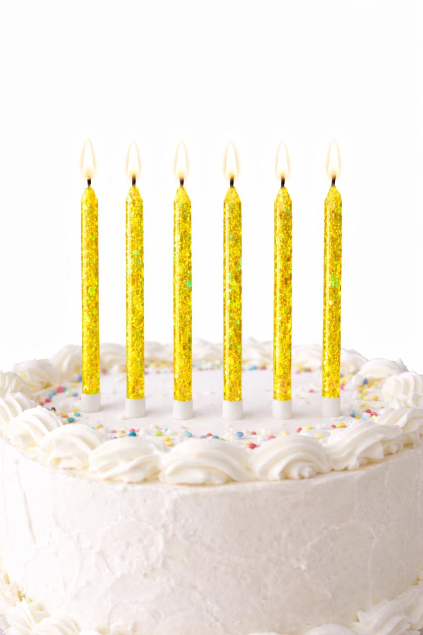 6 Unidades Velas De Cumpleaños Largas Amarillo Con Glitter 12 cm