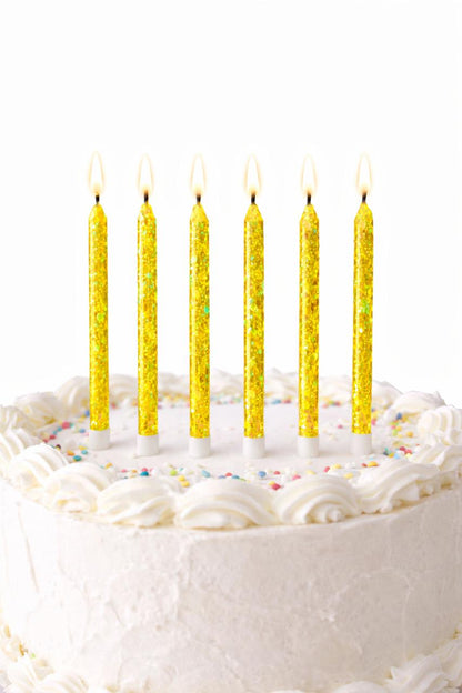 6 Unidades Velas De Cumpleaños Largas Amarillo Con Glitter 12 cm