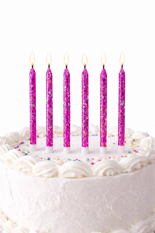 6 Unidades Velas De Cumpleaños Largas Fucsia Con Glitter
