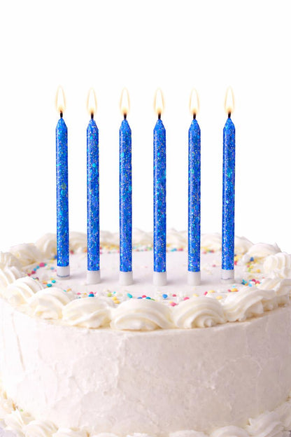 6 Unidades Velas De Cumpleaños Largas Azul Con Glitter 12 Cm