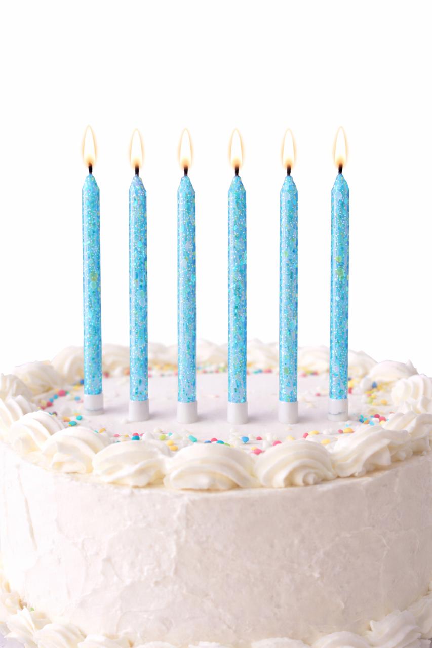 6 Unidades Velas De Cumpleaños Largas Celeste Con Glitter 12cm