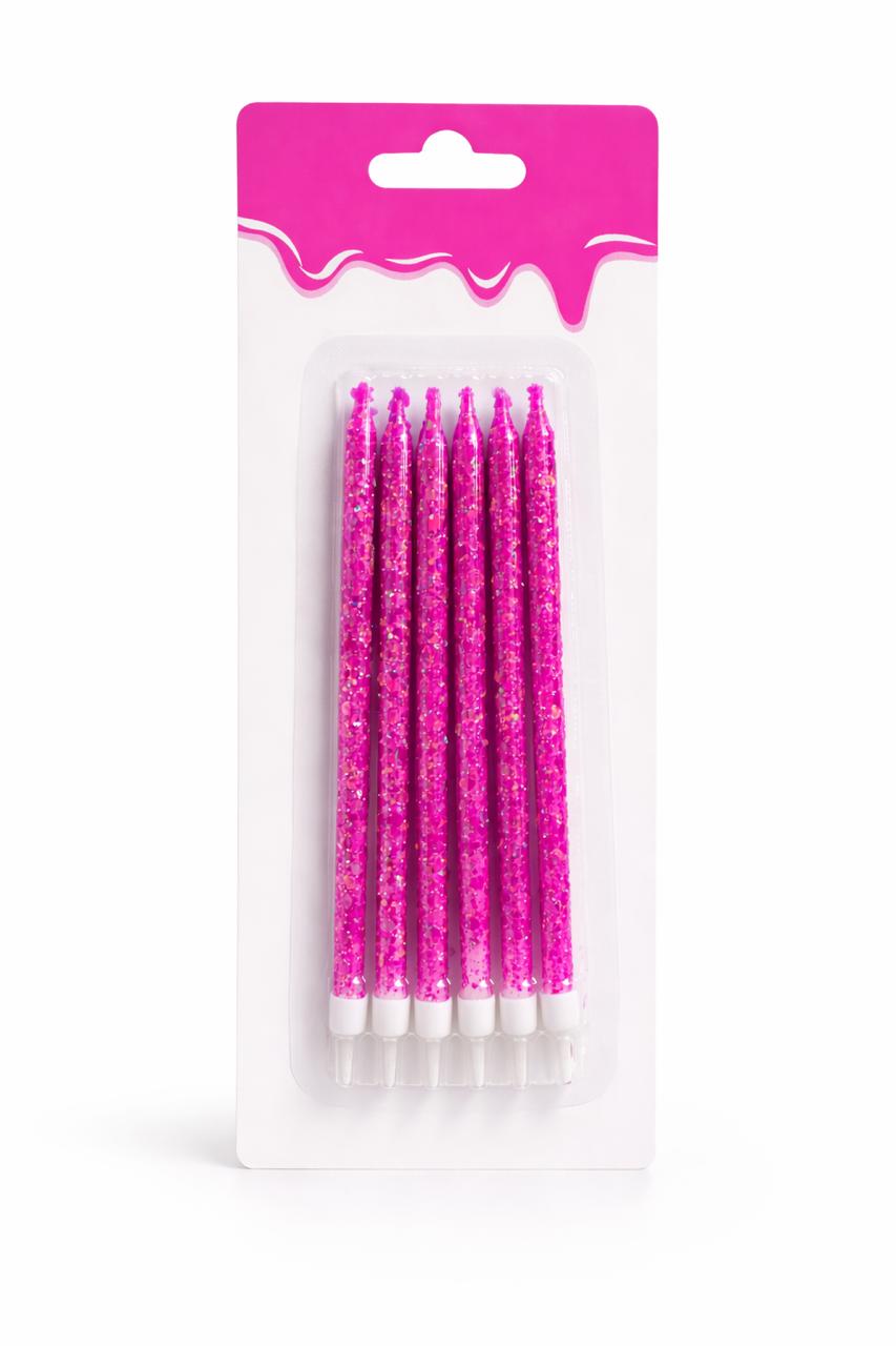 6 Unidades Velas De Cumpleaños Largas Fucsia Con Glitter
