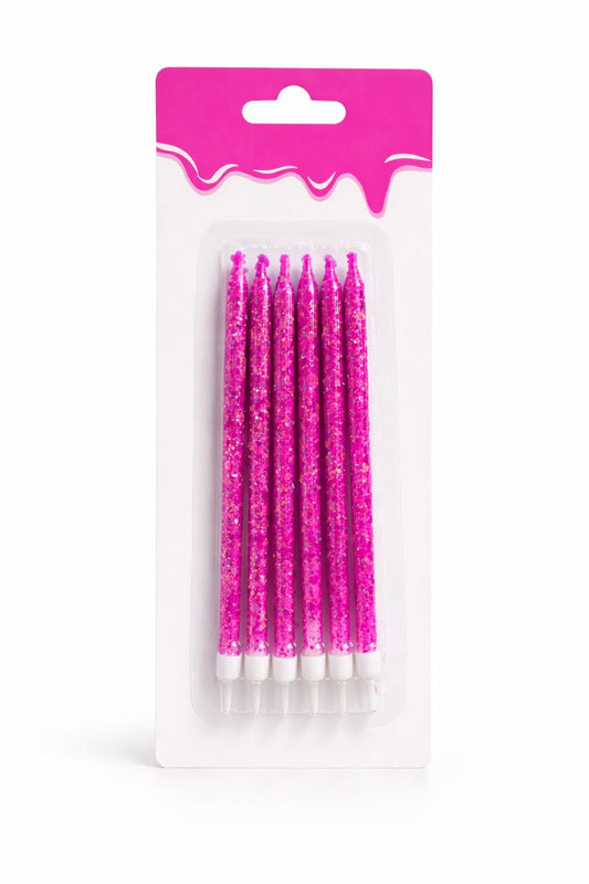 6 Unidades Velas De Cumpleaños Largas Fucsia Con Glitter