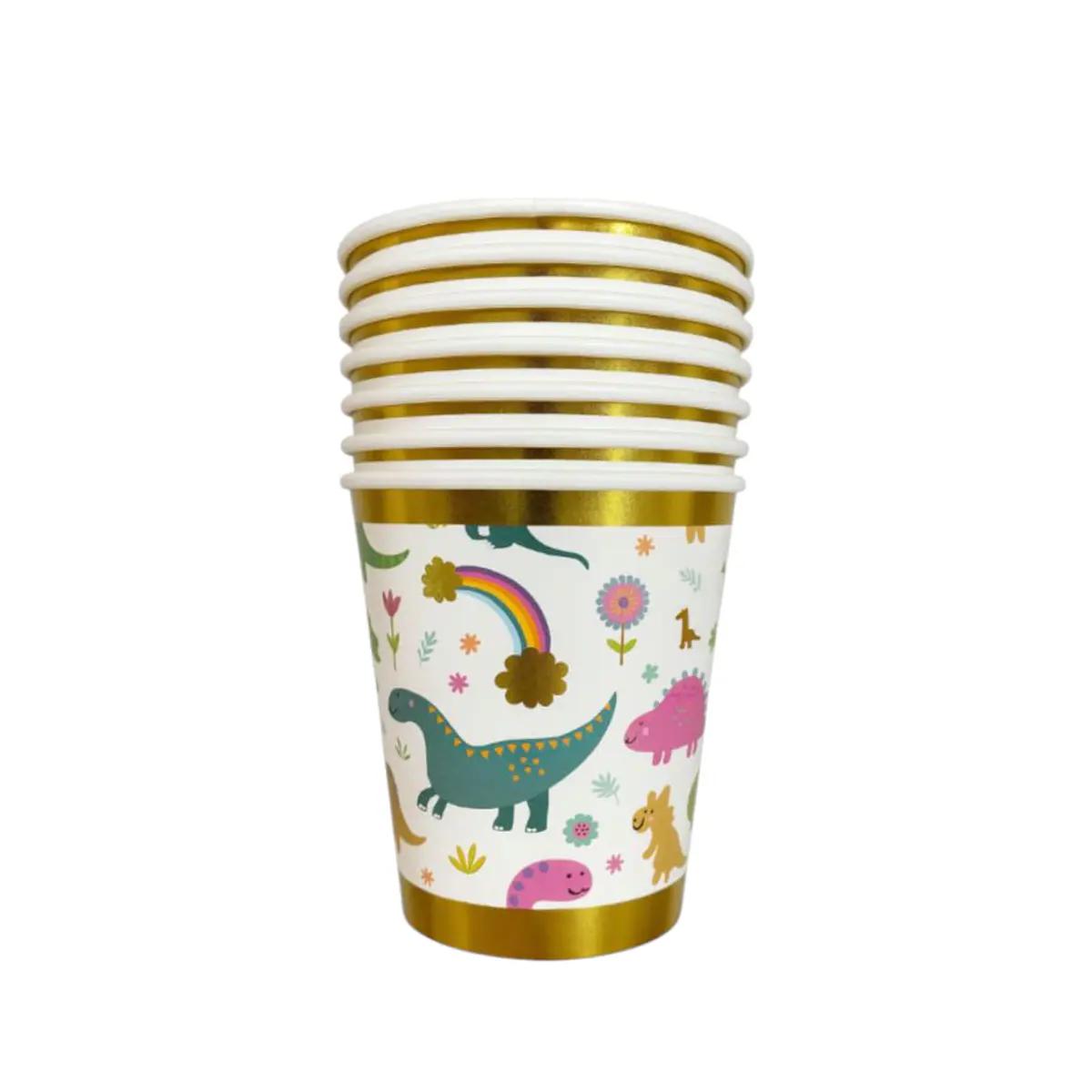 X 10vasos De Cartón Con Diseño De Dinosaurios Borde Dorado