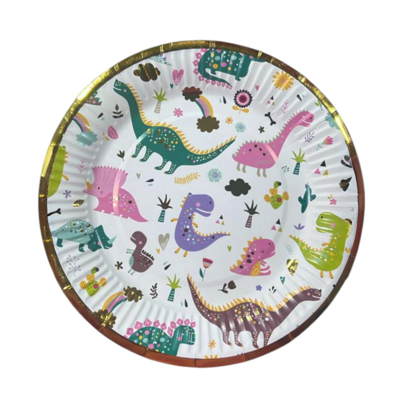 X 10 Plato De Cartón Con Diseño De Dinosaurios Borde Dorado