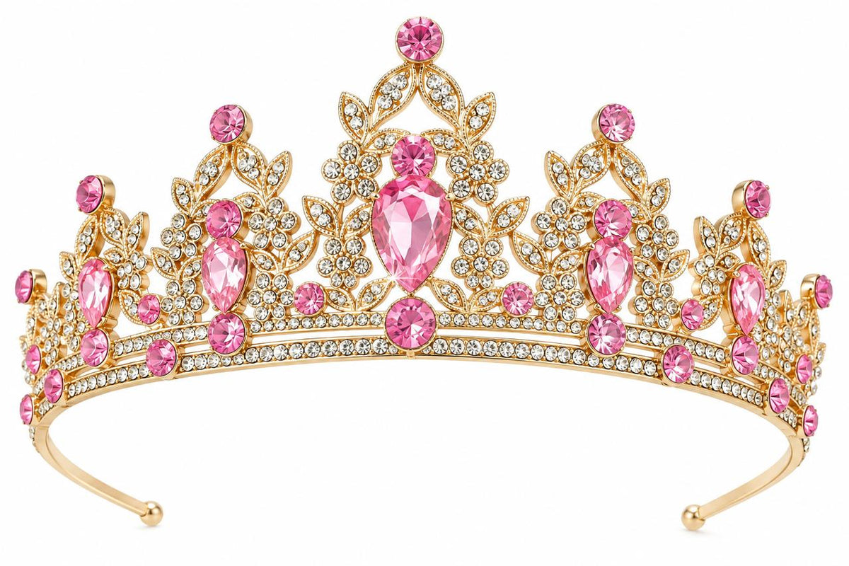 Tiara Corona Dorada Con Pedrería Rosada Y Cristales Cotillón