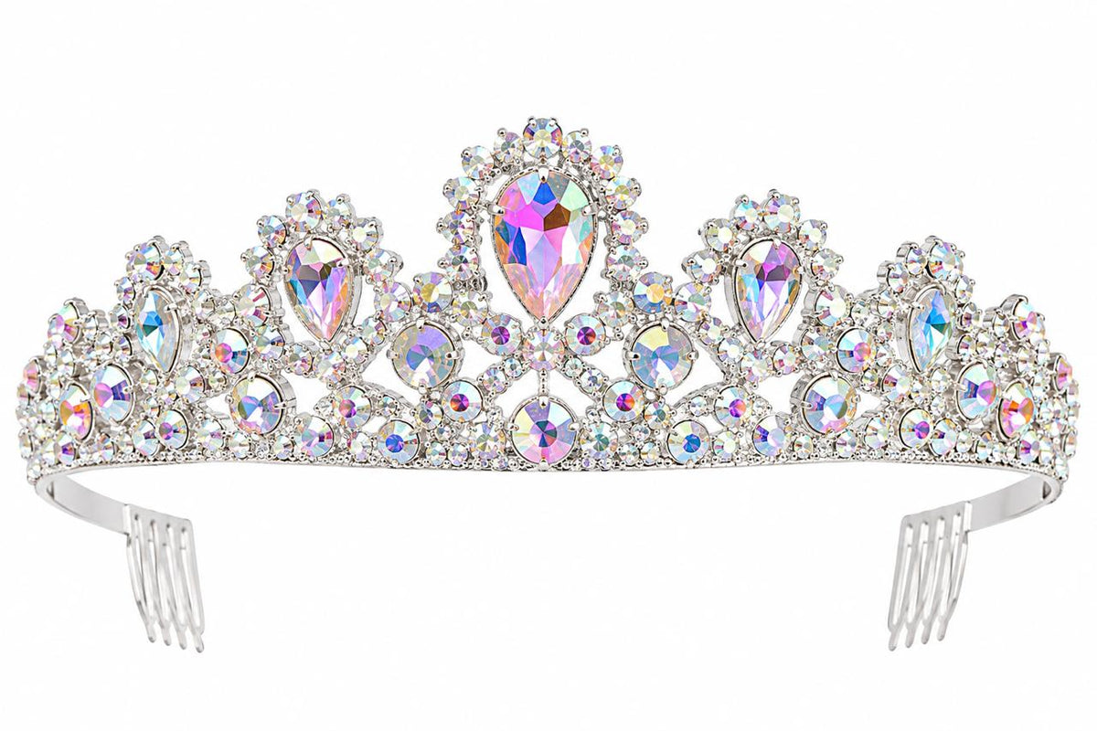 Tiara Corona Plateada Con Pedrería Multicolor Para Mujer