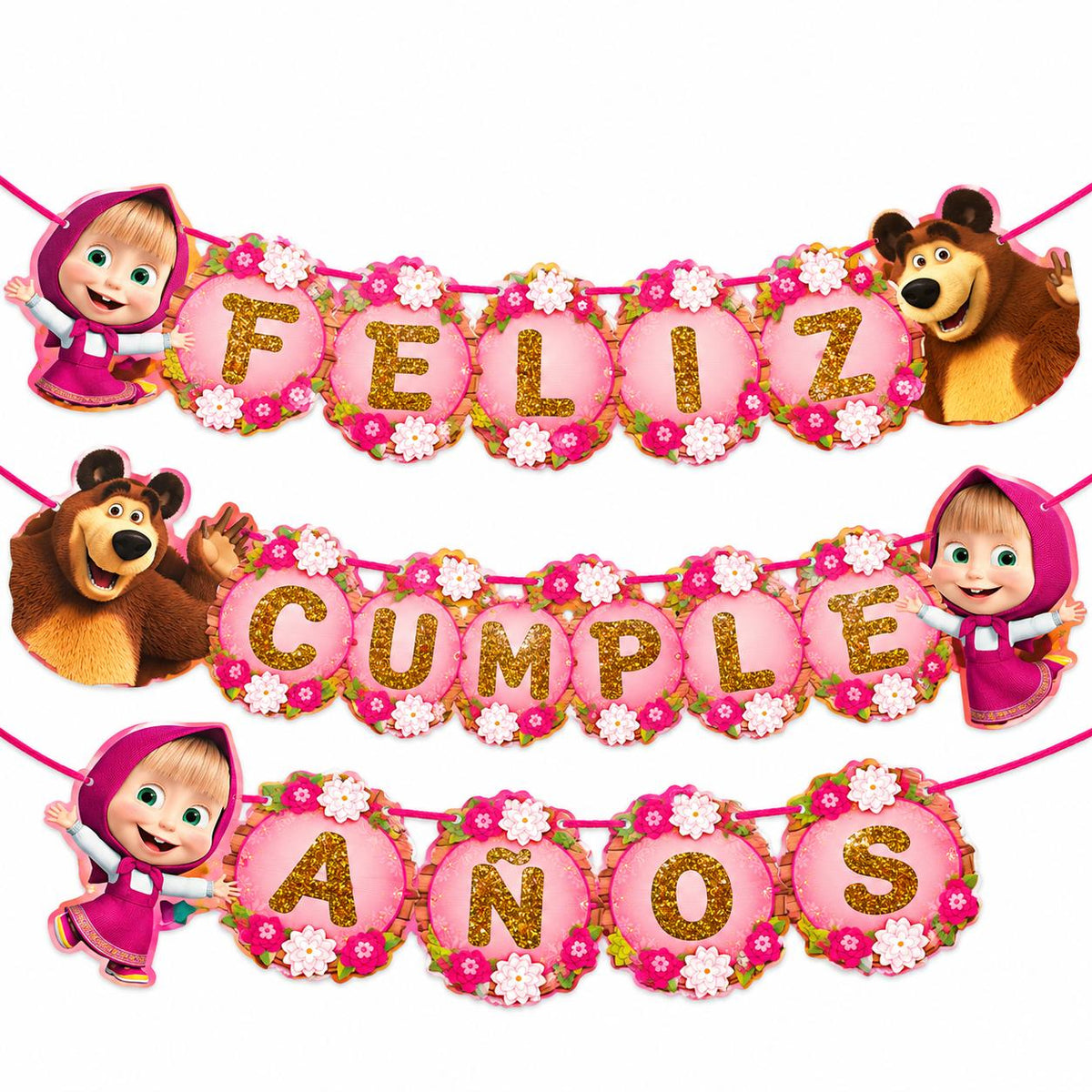 Guirnalda Feliz Cumpleaños Masha Y El Oso Rosa Con Glitter